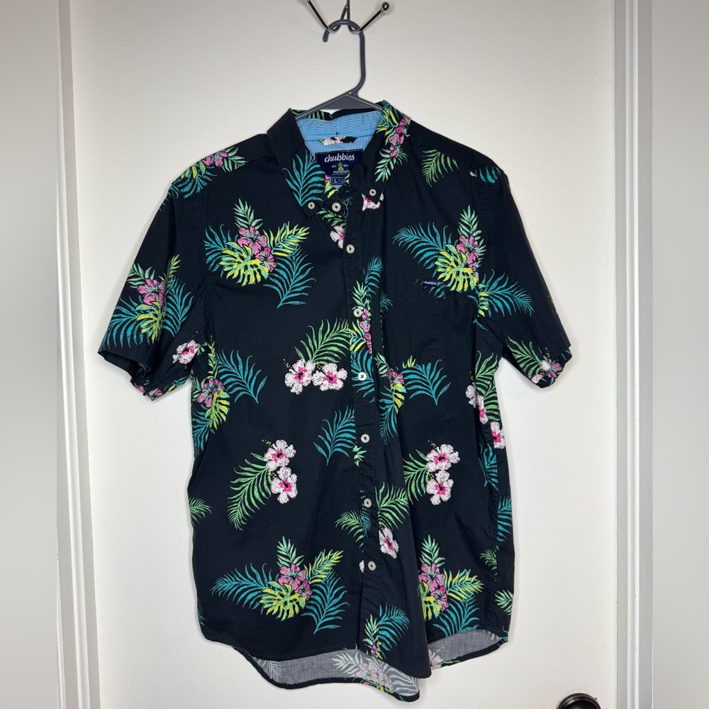 Chubbies Men Black Floral Button Up Short Sleeve Shirt Size Large